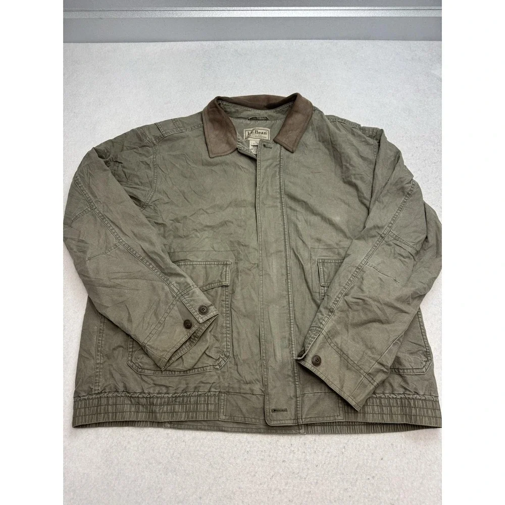 L.L.Bean Jacket Mens 2XL Green Canvas Leather Collar Bomber Workwear Lined